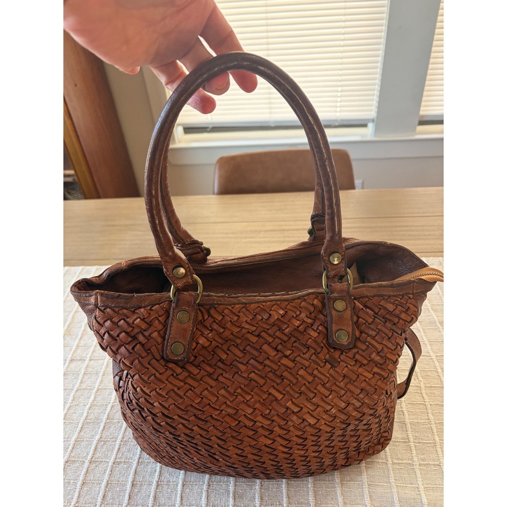 LANGELLOTTI basket weave tote tobacco brown Handbag purse made in Italy - Picture 3 of 12